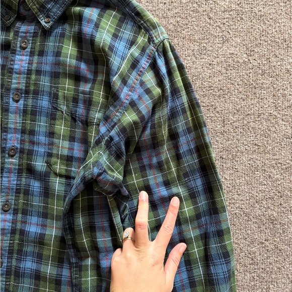 LL Bean Men’s L Casual Button Up Shirt Blue Green Plaid Long Sleeve 100% Cotton - Picture 5 of 13